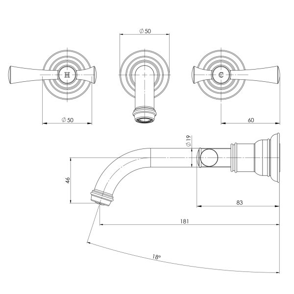 Cromford Wall Basin / Bath Tap Set - Lead Free