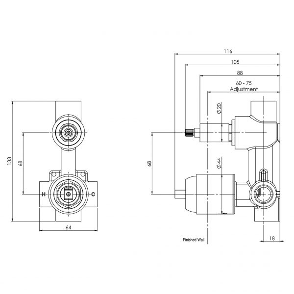 Builders Shower / Bath Diverter Mixer Body Only