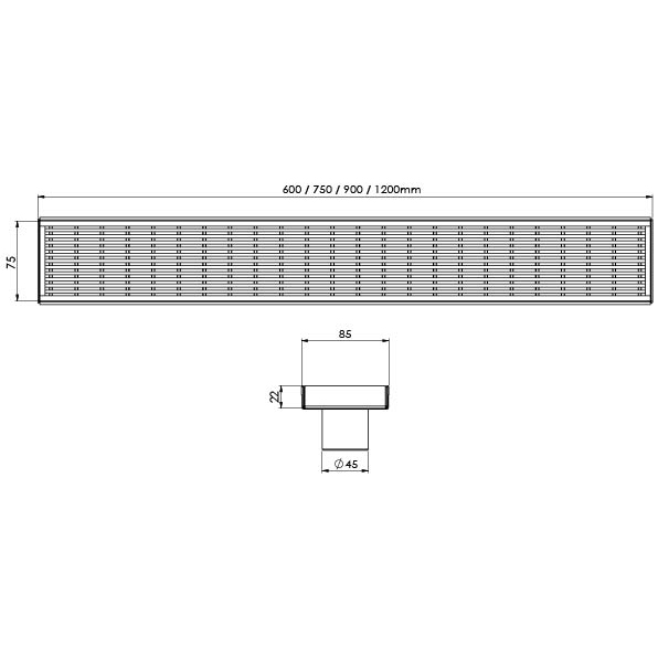 Phoenix Flat Channel Drain HG 75 x 900mm Outlet 45mm