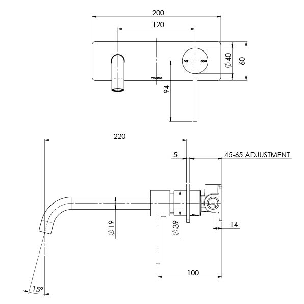 Vivid Slimline Wall Bath Mixer Set 230mm Curved