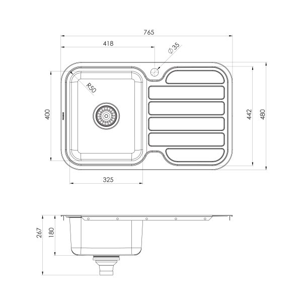 1000 Series Single Left Hand Bowl Sink with Drainer and Taphole