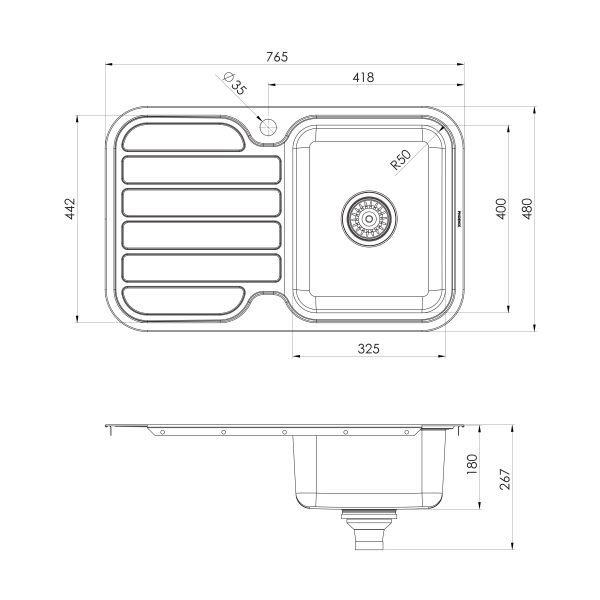 1000 Series Single Right Hand Bowl Sink with Drainer and Taphole