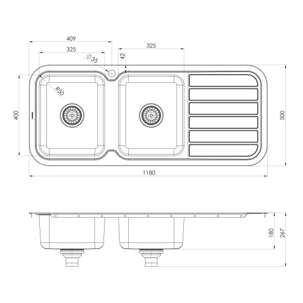 1000 Series Double Left Hand Bowl Sink with Drainer and Taphole