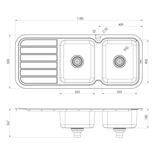 1000 Series Double Right Hand Bowl Sink with Drainer and Taphole