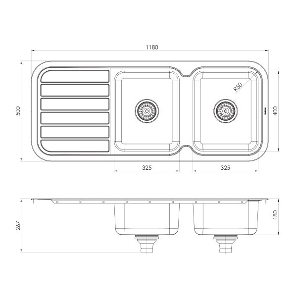 1000 Series Double Bowl Sink with Drainer and No Taphole