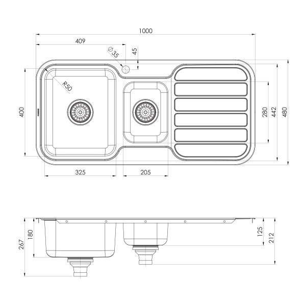 1000 Series 1 and 1/3 Left Hand Bowl Sink with Drainer and Taphole
