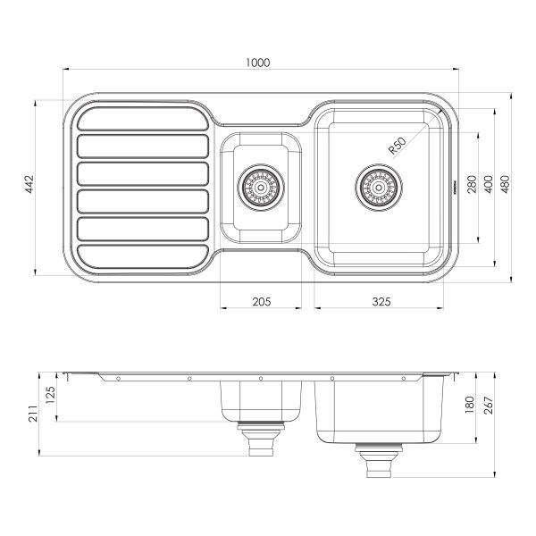 1000 Series 1 and 1/3 Bowl Sink with Drainer and No Taphole
