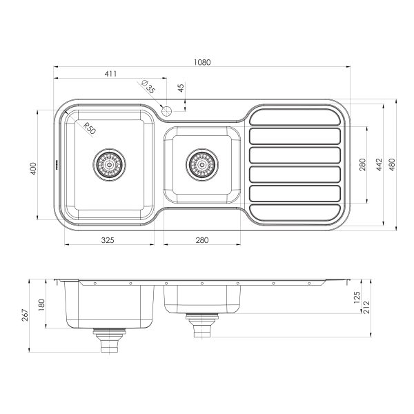 1000 Series 1 and 3/4 Left Hand Bowl Sink with Drainer and Taphole