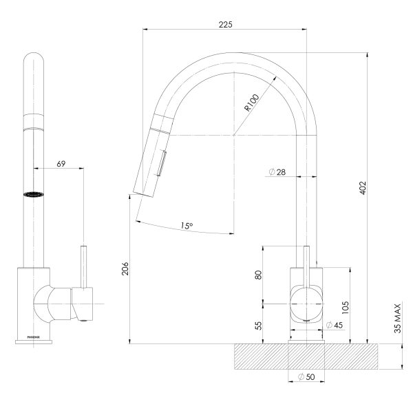 Pina Pull Out Sink Mixer 230mm - Lead Free