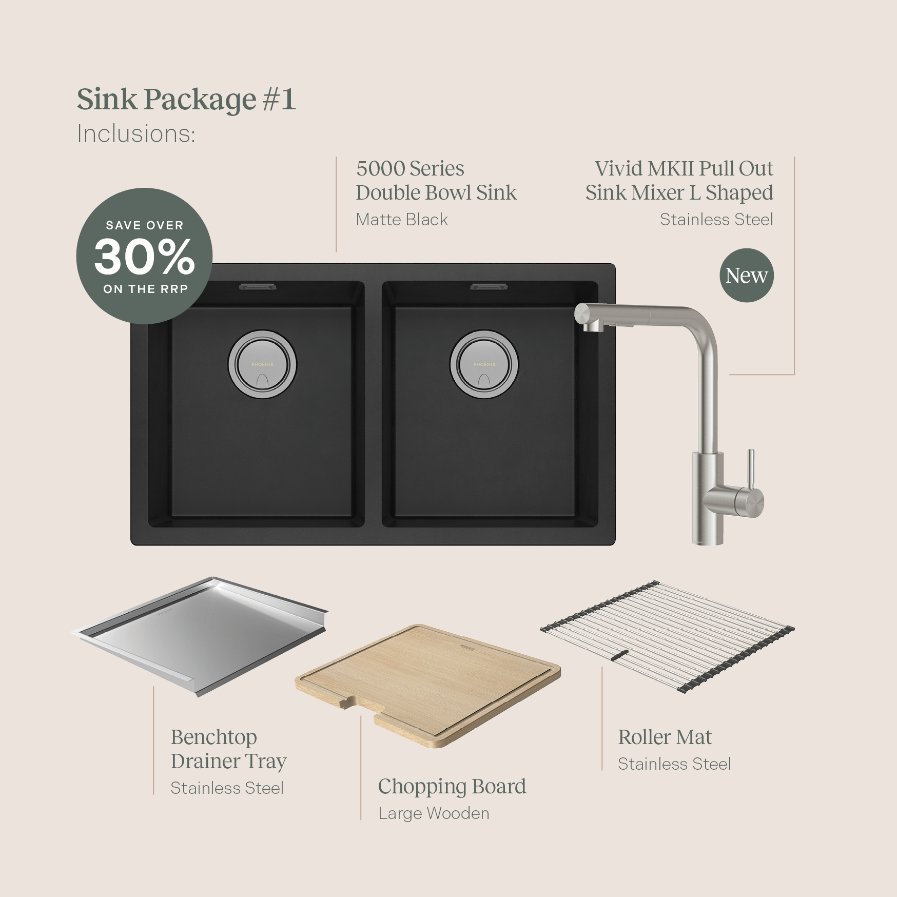 Sink Package 1 - Matte Black Sink & Stainless Steel Mixer